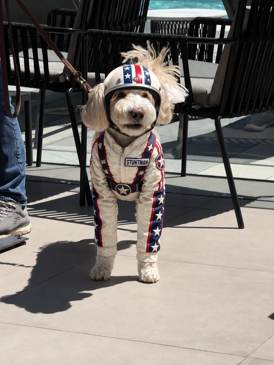 Edited result: the same cream-coloured dog on the same patio, now wearing a white stunt suit and helmet.