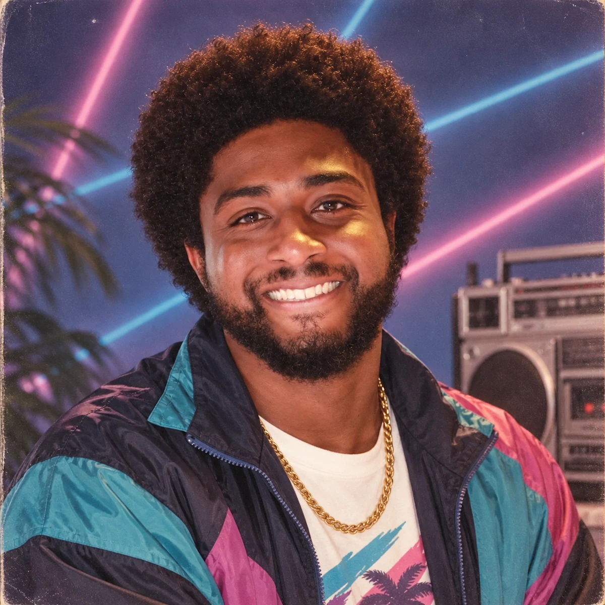 A smiling man with curly hair in a teal, navy, and pink windbreaker and a gold chain, shot as an eighties-style portrait with neon lights.