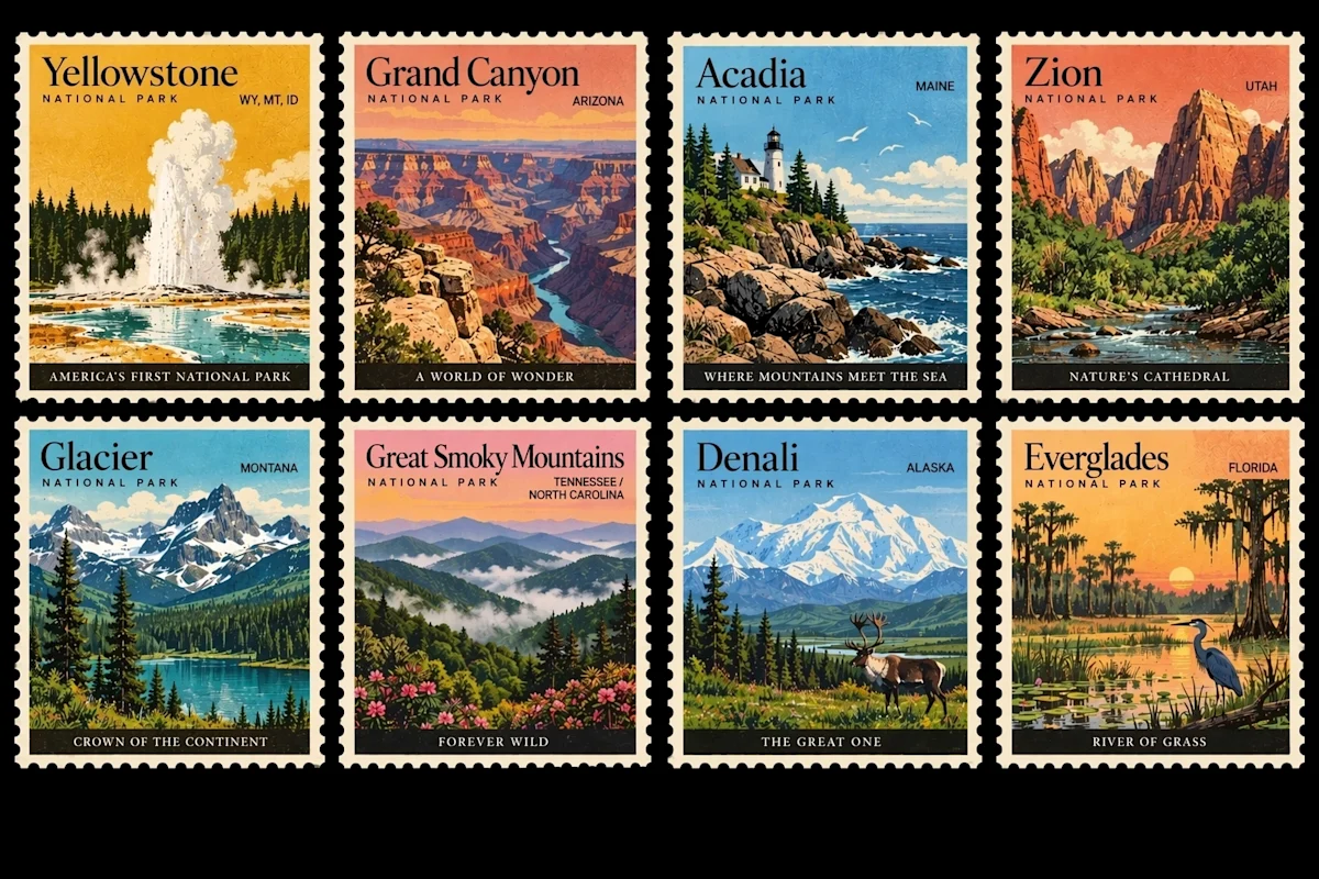 Eight vintage-style national park stamps, each carrying its own park name in small type without the letters breaking down.