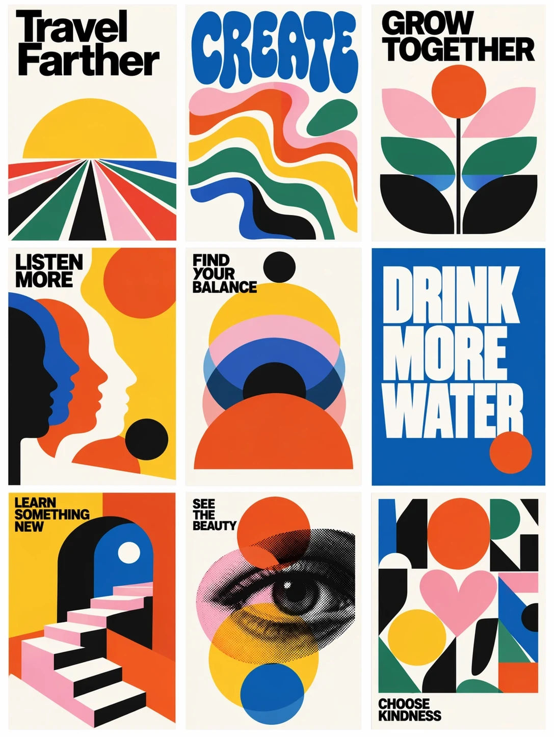 Nine mid-century modern posters in a three-by-three grid, each pairing bold lettering with a geometric illustration. Nine separate blocks of type, all still readable.