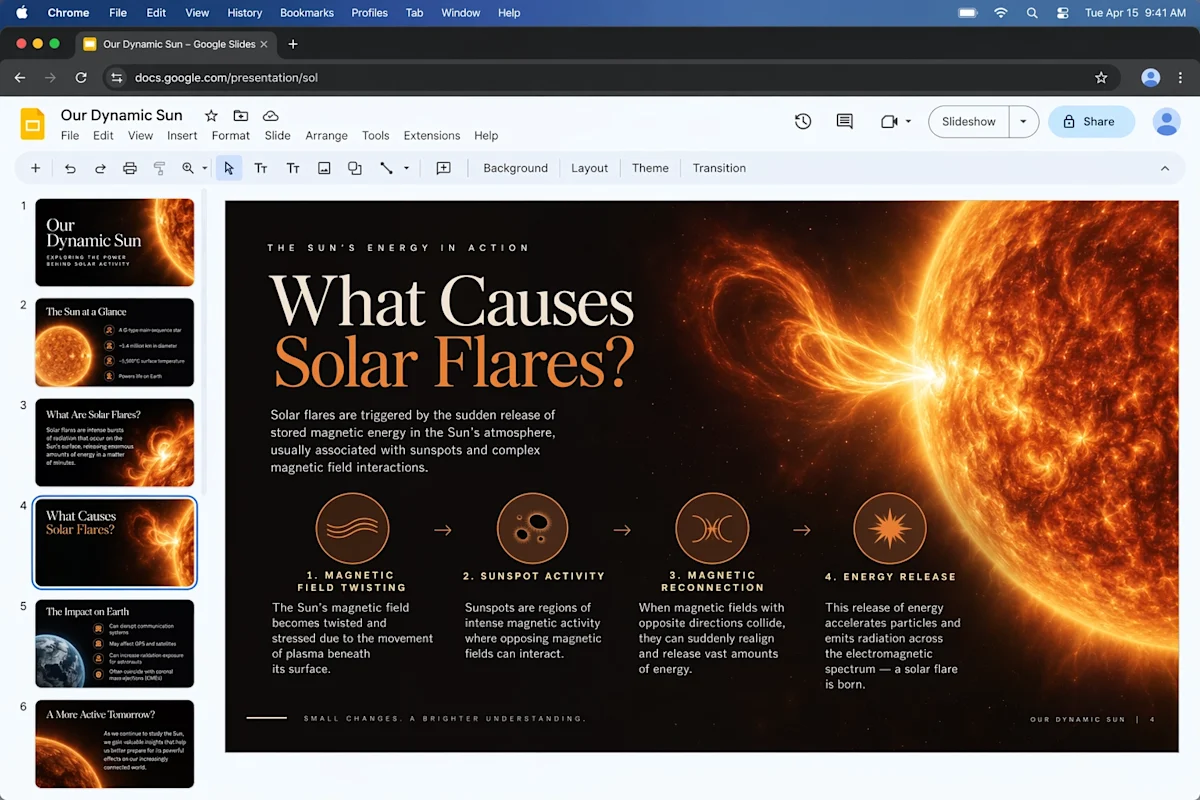 A presentation slide explaining what causes solar flares, with an image of the sun and a four-step diagram of magnetic field lines.