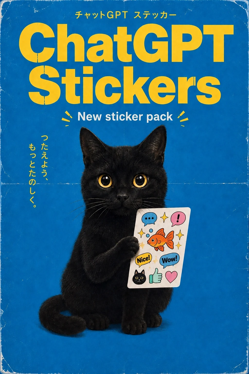 A vintage-style poster reading "ChatGPT Stickers" and "New sticker pack" in large yellow and white letters over a dark cat illustration.
